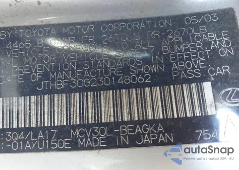 2003 Lexus Es 300 z USA, uszkodzony, nr VIN JTHBF30G230148062